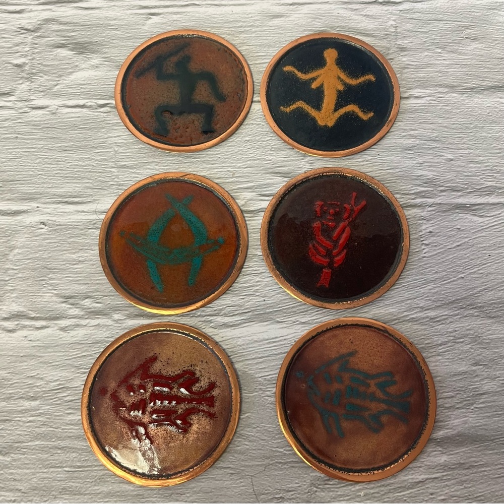 Vintage Australian/Aboriginal Theme Copper Coasters Enamel Glazed Handpainted